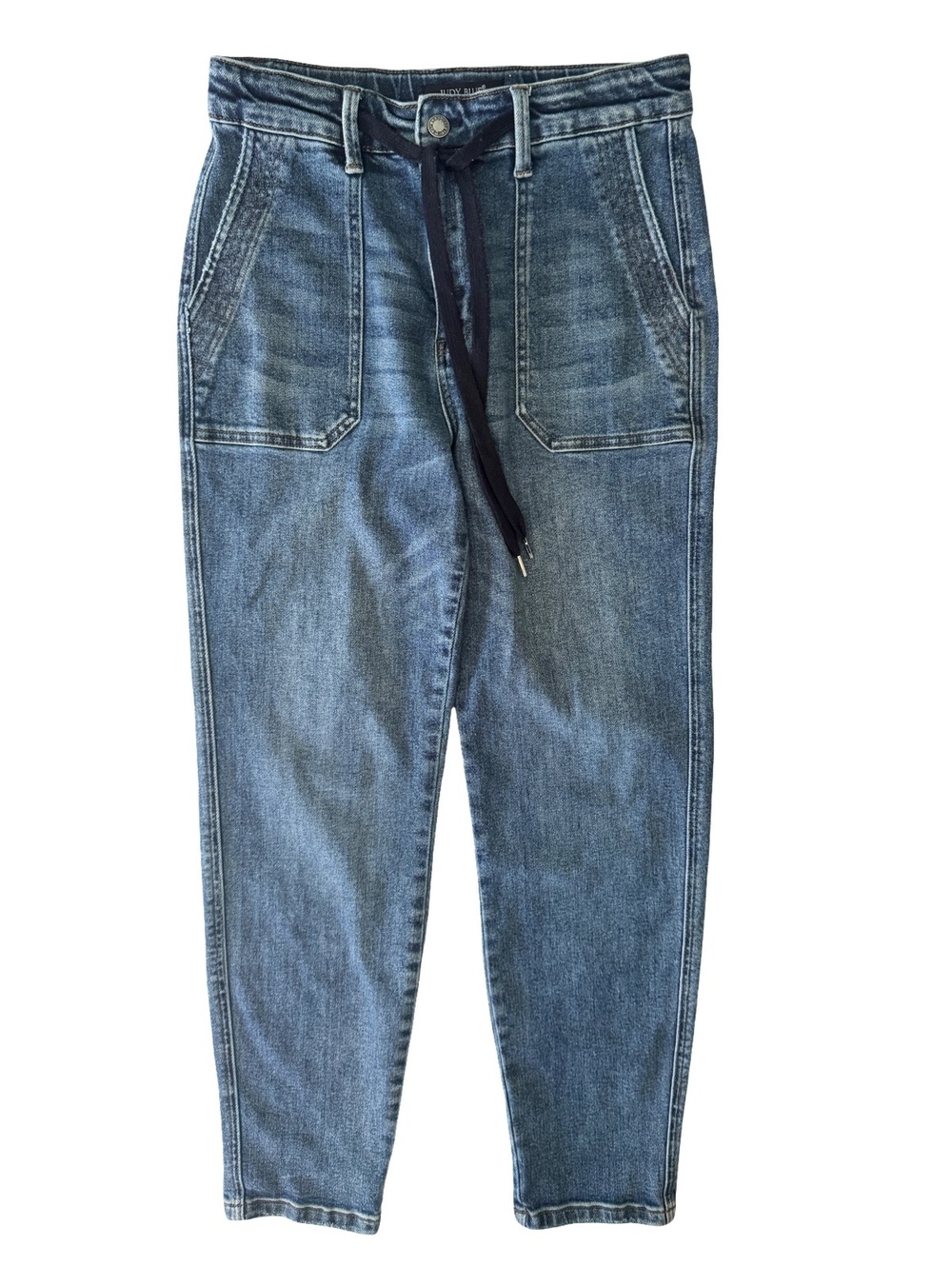 Judy Blue Women’s 7/28 Drawstring Denim Jogger Jeans Patch Pockets Blue Stretch